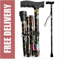 TAMAKA® Premium Folding Compact 4-part Ladies Walking Stick, Stunning Brown Floral Print with Easy Grip Handle Adjustable Walking Cane - 32.5” - 37”